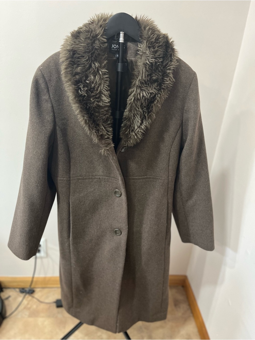 Jones New York Brown Wool-Blend Pea Coat with Faux-Fur Collar